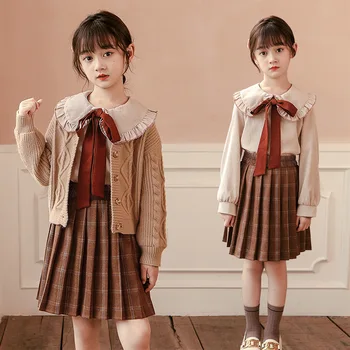 3 Kusy Oblečenia Jeseň Zima Teplé Nastaviť Dievčenské Svetre kórejských Detí Nosenie 2022 Batoľa Cardigan Skladaná Sukňa Pletené Deti