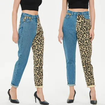 Móda Leopard Tlač Colorblock Rovné Denim Nohavice, Džínsy Ženy Vysoký Pás Dlhé Nohavice Nohavice Žena Jeseň Zima Streetwear