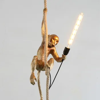 Moderné Golden White Živice Opice Prívesok Lampa Pozastavenie svietidlo Loft Konopné Lano Prívesok Svetlo pre Domáce Osvetlenie
