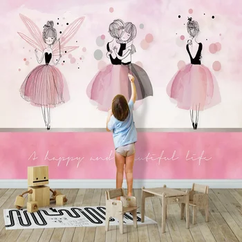 Nordic in pink balet girl deti miestnosti pozadí steny, spálne, roztomilý kreslený nástenná maľba