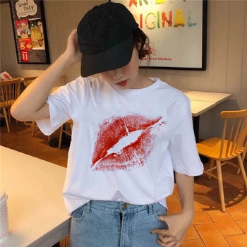 Letné Top Tee Veľké Červené Ústa, Pery Kiss Kiss Vytlačené Lady O-Neck T-shirt Zábavné Grafické T-shirt oblečenie femme t-shirt