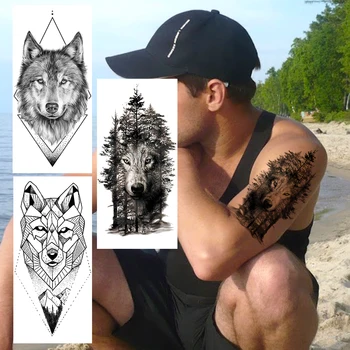 Vlk Geometrické Dočasné Tetovanie Pre Mužov, Ženy Realistické Lesa Black Coyote Tvorivé Tetovanie Falošné Horských Rameno Tetovanie Diamond