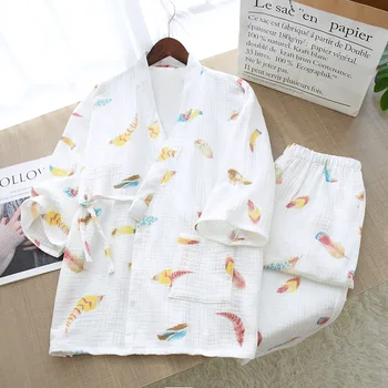 Japonské Kimono Pyžamá pre Ženy 100% Bavlna Gázy Krepové Sleepwear 7-Quarter Sleeve tvaru Sexy Odev Domov Pijama 2 Ks