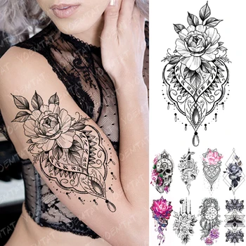 Nepremokavé Dočasné Tetovanie Nálepky Čipky Ruže, Kvety Lotus Flash Tetovanie Vlk Mesiac Had Body Art Rameno Falošné Rukáv Tetovanie Ženy