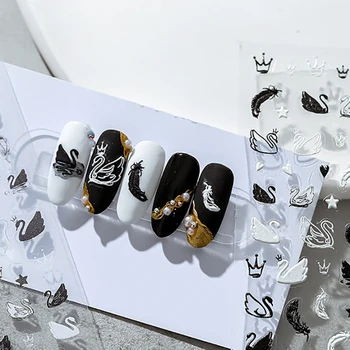 Black White Swan Pierko 5D Mäkké Plastické Reliéfy Samolepiace Nail Art Nálepky Trendy 3D na Nechty, Nálepky Veľkoobchod Dropshipping