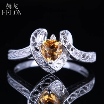 HELON Pevné 10K Biele Zlato Bezchybný Bilióna 5mm Skutočné Citrine Diamantový Prsteň Pre Ženy Módne Svadobné Šperky, Zásnubné Krúžok
