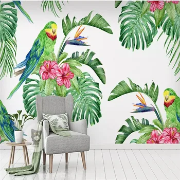 Vlastné Nástenné Tapety Tropické Akvarel Kvety a Vtáky Pozadí na Stenu