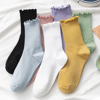 Biele Ponožky Ženy Kawaii Roztomilý Naberaný Prehrabať Ponožky Bavlna Japonskej Módy Fialová Žena Posádky Ponožky Žena