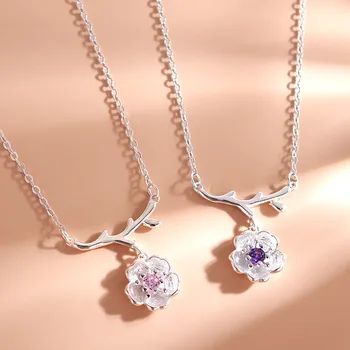 Japonský Nový Čerešňa Pobočky Krátky Náhrdelník Sladké Girl CZ Ružová Fialová Crystal Clavicle Reťazca Kúzlo Lady Zapojenie Šperky