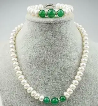 Skutočné Prírodné 5X7MM BIELA umelo PESTOVANÉ PERLY & GREEN JADE náhrdelník Náramok AAA
